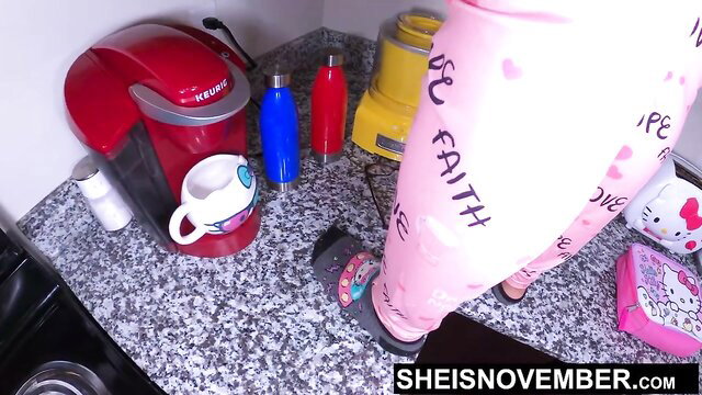 Msnovember in pink pants 'Faith' 'Love' by Keurig, sexy kitchen tease