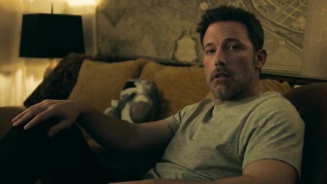 Ben Affleck in Deep Water (2022) shirtless hunk on couch with Ana de Armas