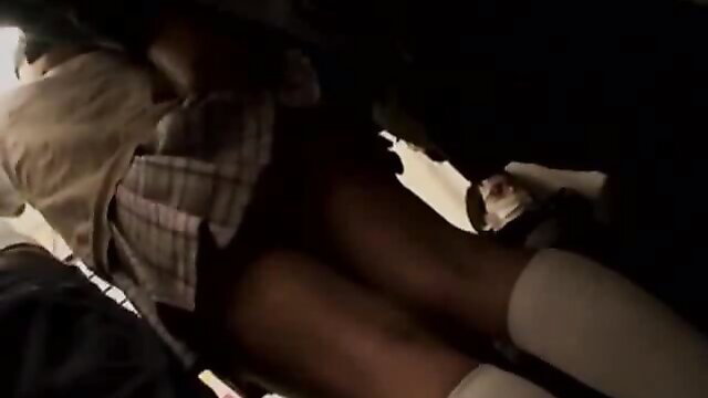 Japanese cutie in pleated skirt and stockings upskirt view