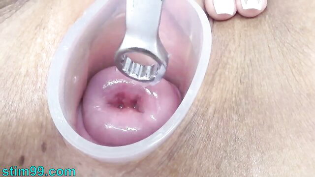 Japanese wife cervix spread wide open with wrench for uterus view