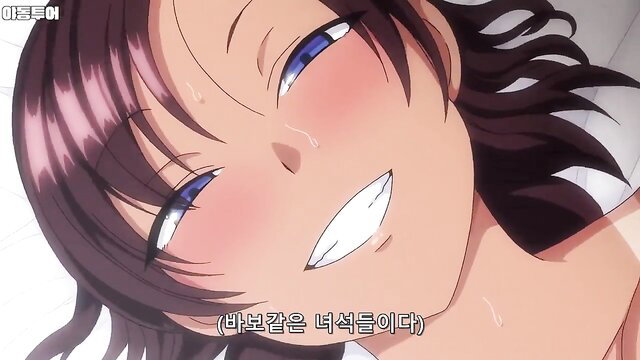 Smiling anime hentai teen with flushed cheeks and blue eyes closeup