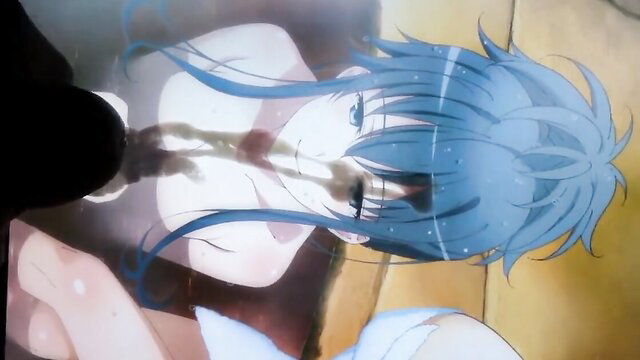 Anime hentai girl with blue hair gets massive bukkake facial cumshot