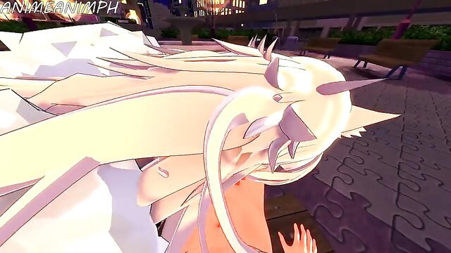 Blonde anime girl with horns in outdoor night sex pose