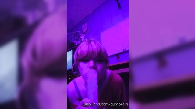 Blonde teen Cumbrain late night kinky dildo blowjob closeup