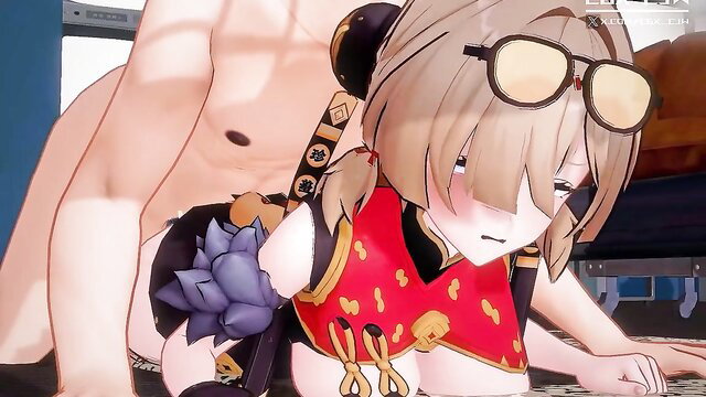 Zenless Zone Zero anime girl with blonde hair in red dress groped by buff guy