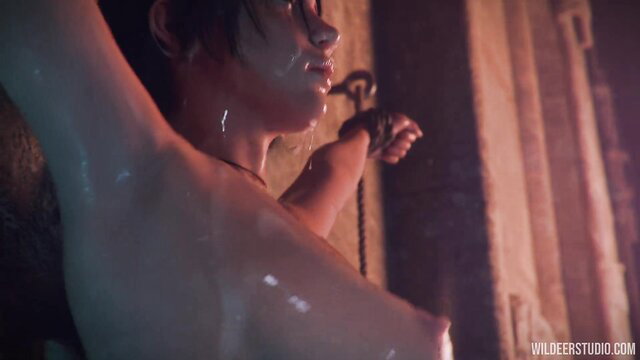 Asian babe chained up, wet glistening tits and skin in steamy dungeon scene