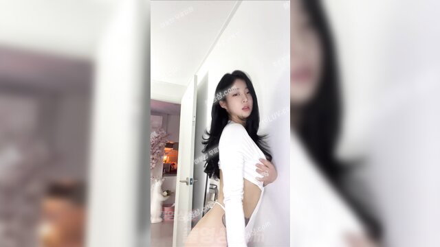 Korean amateur cam girl in sexy white cutout bodysuit posing nude ass