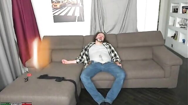 Man passed out on couch in foot fetish scene No Way Out