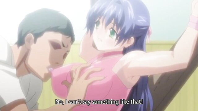 Anime girl with huge tits groped by man, blushing denial in JAV hentai scene