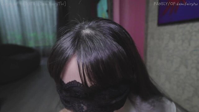 Asian girl in black blindfold, POV tease, pure desire schoolgirl caught masturbating