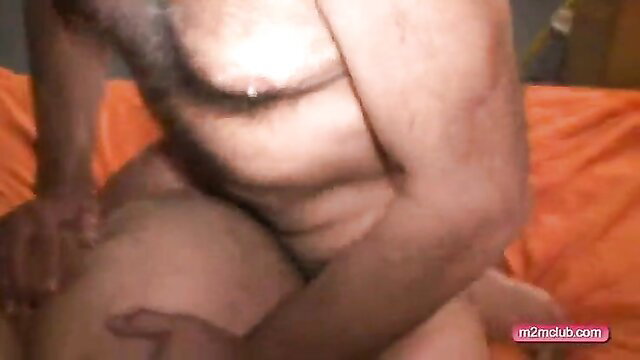 Daddy and chub raw threesome with hairy men fucking on orange bed