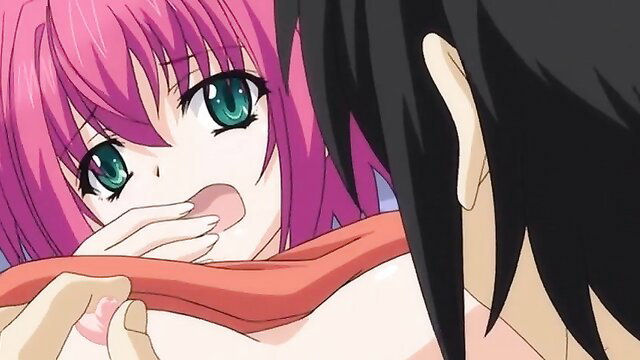 Pink-haired anime girl with small tits in JAV closeup oral tease