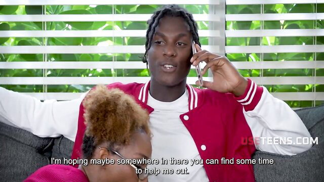 Lacey London begs on phone in red varsity jacket, ebony step sis thumbnail