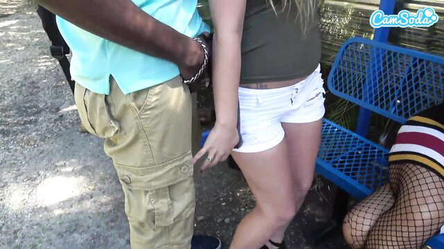 Hot blonde in tiny white shorts groped by BBC at public bus stop