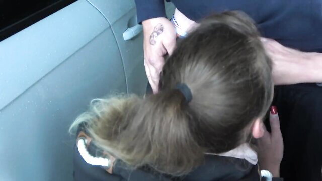 Amateur blonde ponytail girl groped by man in parking garage