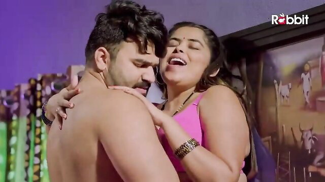 Hot Indian stepmom in pink sports bra passionately kissed by muscular man