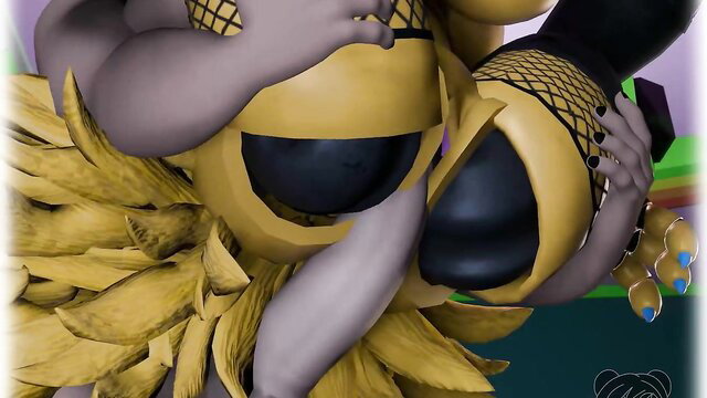 Wolfe and Olivia in yellow banana costumes hugging intimately