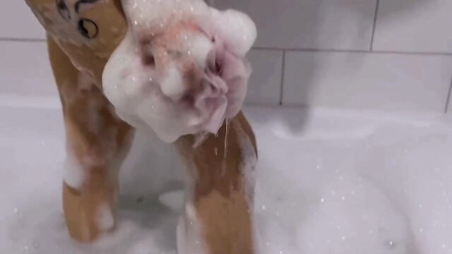 MILF naked in bubble bath, soapy wet skin and pink pussy tease