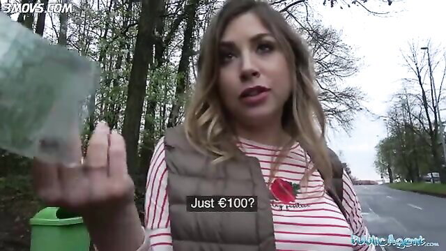 Russian blonde hottie in striped top holds cash outdoors, public sex tease