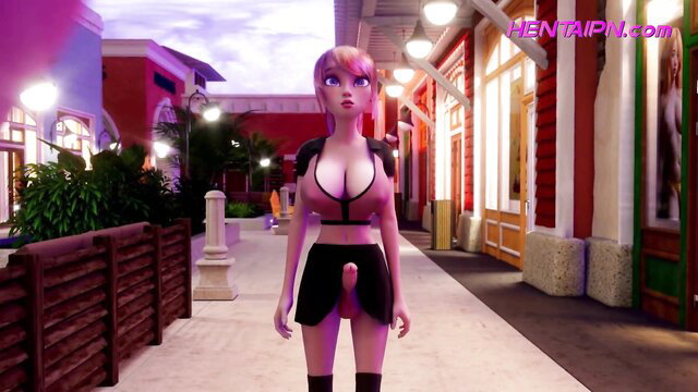 3D Pink-Haired Shemale Dickgirl in Skirt & Stockings Street Pose