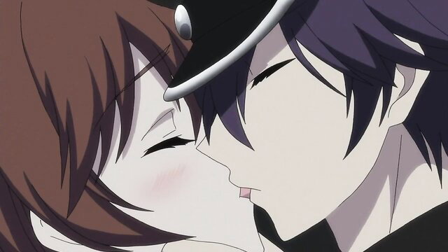Anime hentai couple kissing intimately, girl with brown hair and hat on boy