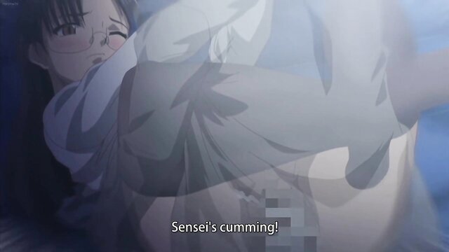 Anime girl with glasses in Hitoriga Ep.2 cheers Sensei's cumshot closeup
