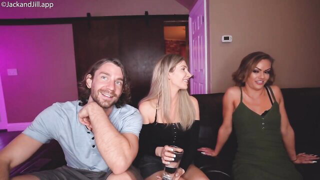 Aila Donovan with jackandjill couple on couch in sexy dresses