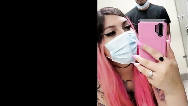 xMissPoizon pink hair alt goth babe in mask selfie restroom tease