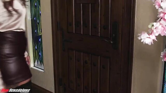 Curvy big tit MILF boss in silk blouse, leather skirt, stockings by door