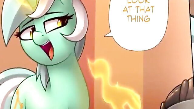 Mint green pony girl with yellow eyes smirks lewdly in MLP hentai comic dub