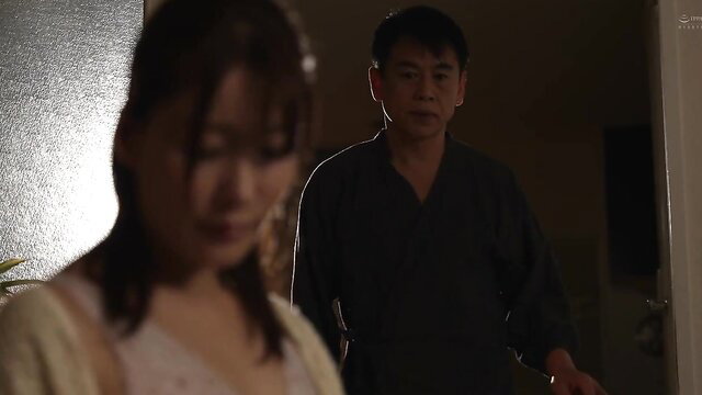 Aya Kabana stares nervously at father-in-law in kimono at door JAV