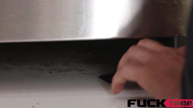 Morgan Lee tiny hands stroking cock under kitchen counter