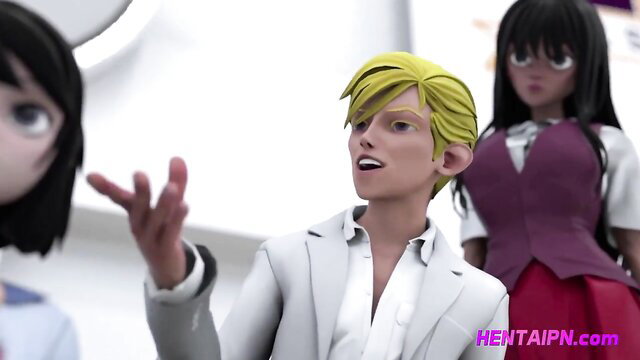 Blonde guy gesturing at two anime schoolgirls in uniforms