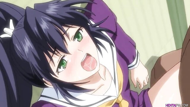 Purple-haired anime schoolgirl ahegao face fucked by teacher