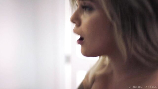 Kali Roses blonde profile closeup, seductive open mouth tease