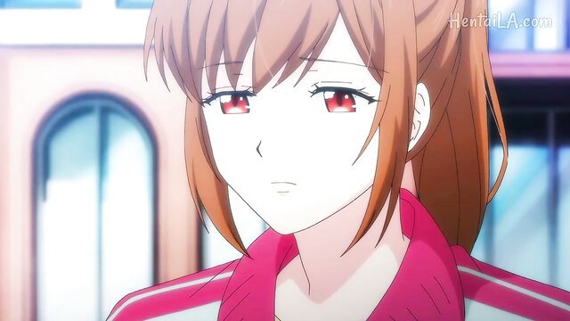 Red-eyed anime girl with ponytail in pink tracksuit, seductive hentai stare