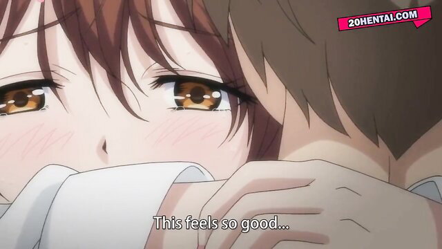 Anime hentai couple closeup: blushing girl with brown hair hides face in ecstasy