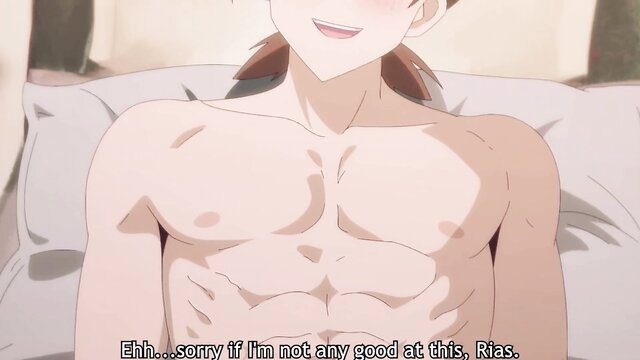 Blushing anime guy shirtless in bed, muscular pecs, High School DxD parody hentai