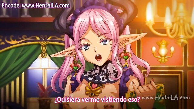 Pink-haired elf demon girl in skimpy lingerie exposing tits