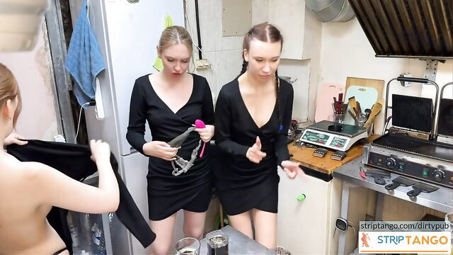 Three slim blonde teens nude in kitchen prepping kinky toys