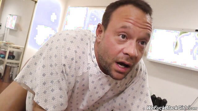 Bald white guy shocked in hospital gown with ebony nurse Black Banks
