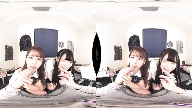 Four sexy Asian schoolgirls in uniforms teasing in VR bedroom
