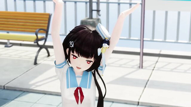 Cute black-haired anime girl in sailor school uniform poses with arms up, smiling