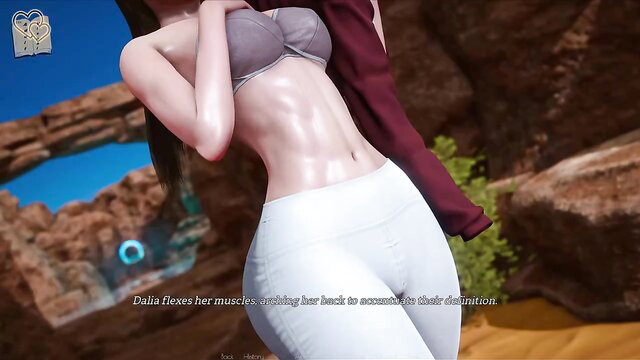 Asian babe flexes abs in white panties and bra, arches back outdoors