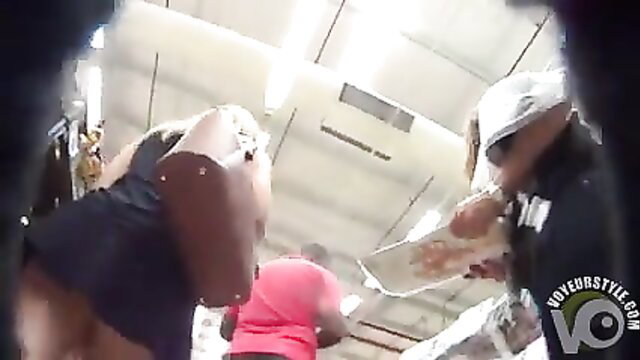Mind-blowing black booty teased in supermarket by guys POV