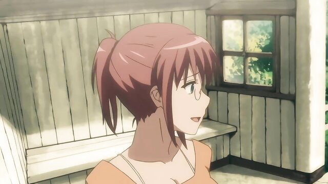 Anime girl with pink ponytail smiles softly in orange top, hentai tongue kiss tease