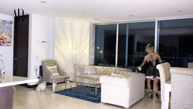 Agata Ruiz young Colombian maid in black lingerie heels bending over