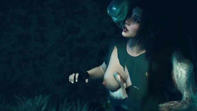 Lara Croft fucked by hideous green monster in cave spelunking scene