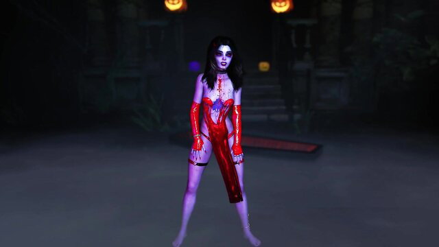 Young vampire girl in sexy red latex dress dances seductively