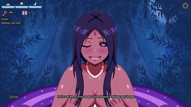 Purple-haired anime monster girl with huge tits smiling nude in jungle
